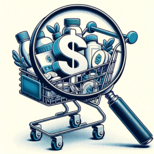 Illustration of a detailed shopping cart with generic items. An oversized magnifying glass hovers above, revealing concealed dollar signs