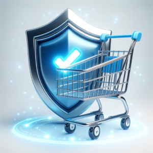 Realistic illustration of a strong shield icon standing guard in front of a shopping cart. The shield glows with a blue aura